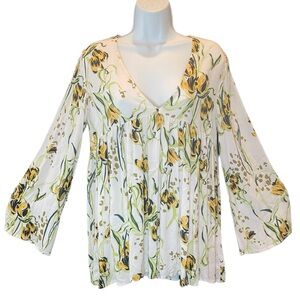 Free People Bella Cream Yellow Flower Tunic Flowy Long Bell Sleeves Size XS